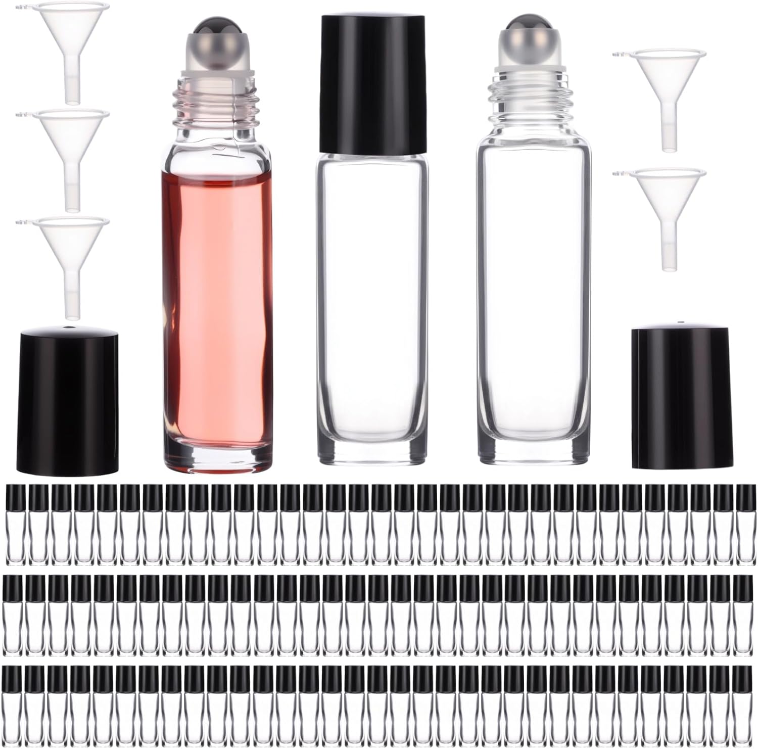 96 Pcs 10ml Essential Oil Roller Bottles with 5 Funnels, Thick Glass Roller Bottles with Stainless Steel Roller Balls, Refillable Leak-proof Empty Clear Glass for Travel Perfume Lip Gloss