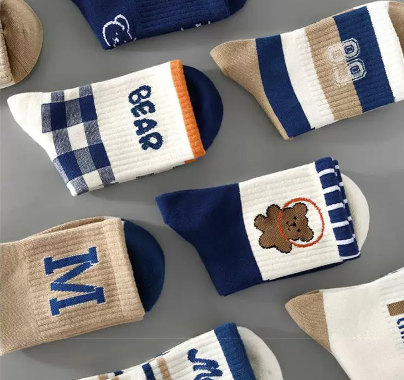 Kids Cotton Crew Socks, Bear Print, 8 Pairs, 22-25 CM
