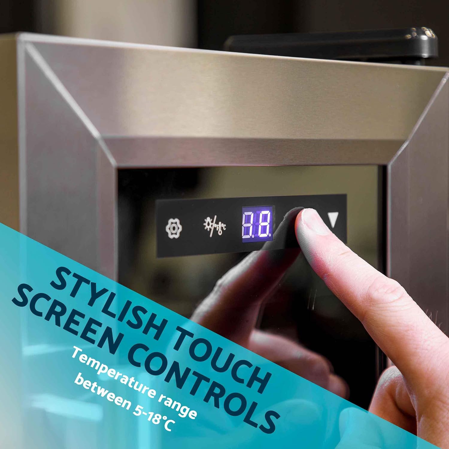 Close-up of the digital touch screen controls on the Baridi wine cooler, showing temperature display and adjustment buttons.