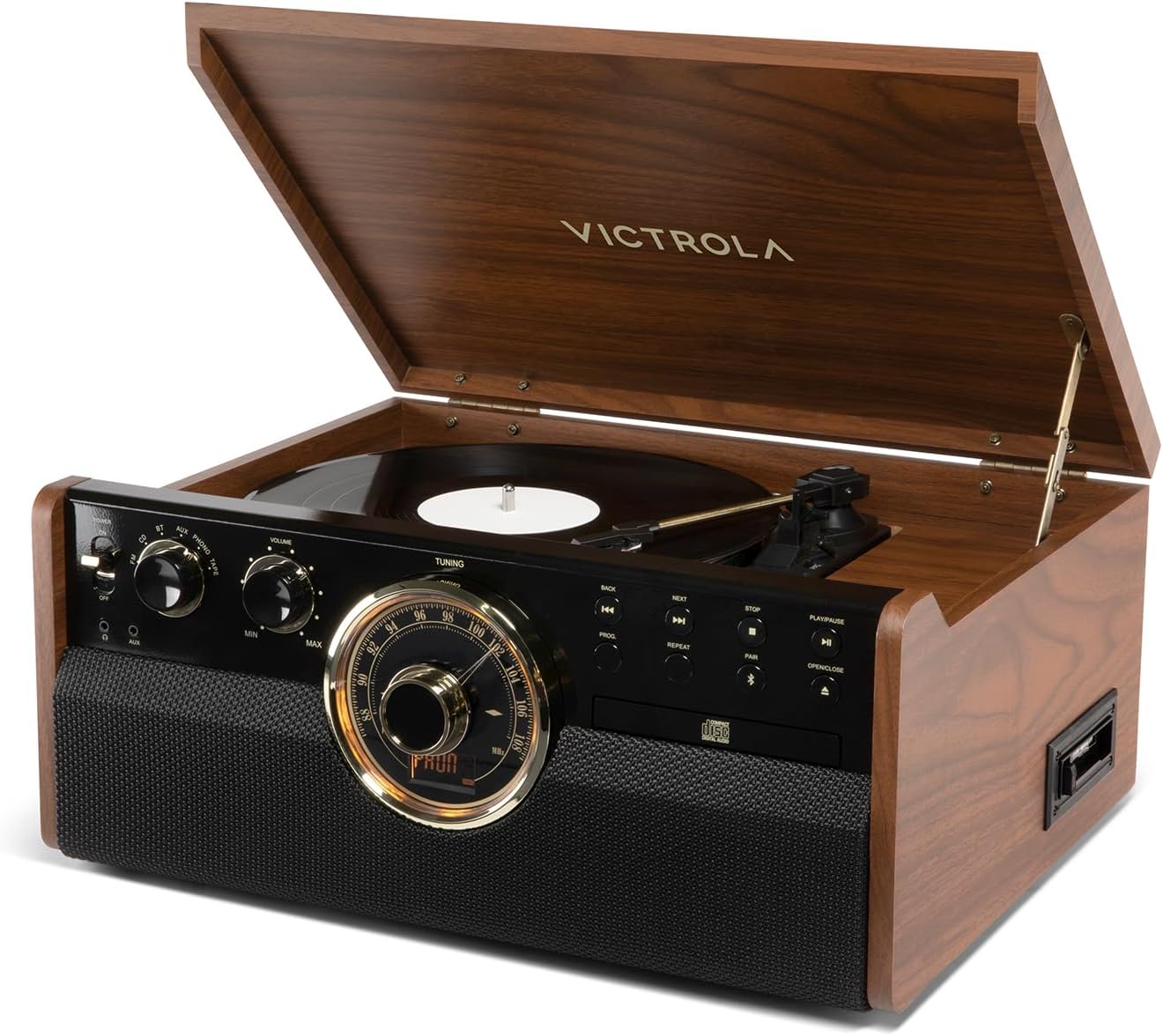 Empire - Wood 6-in-1 Bluetooth Record Player - Walnut | Mid-century wood music center plays vinyl, CD, cassette, FM radio and aux, built-in stereo speakers, RCA out, headphone jack