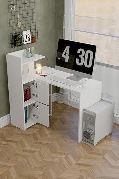 L Desk Left Direction White with Cabinet with Bookcase