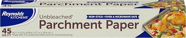 Reynolds Kitchens unbleached parchment paper roll on baking sheet