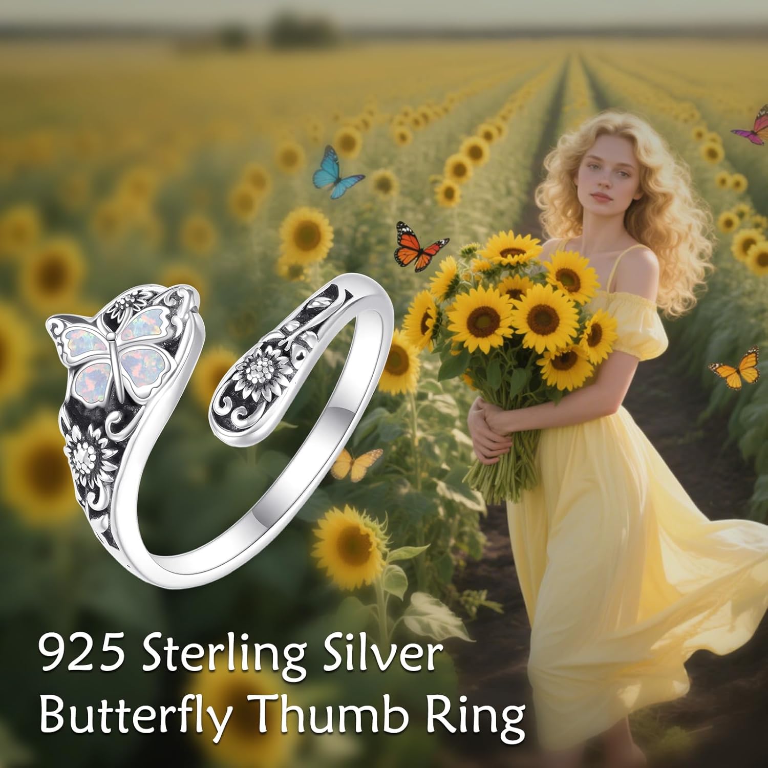 AOBOCO Sterling Silver Infinity Butterfly Ring Embellished with Crystals from Austria, Hypoallergenic Adjustable Size Open Ring, Fine Anniversary Birthday Jewelry Gifts for Women