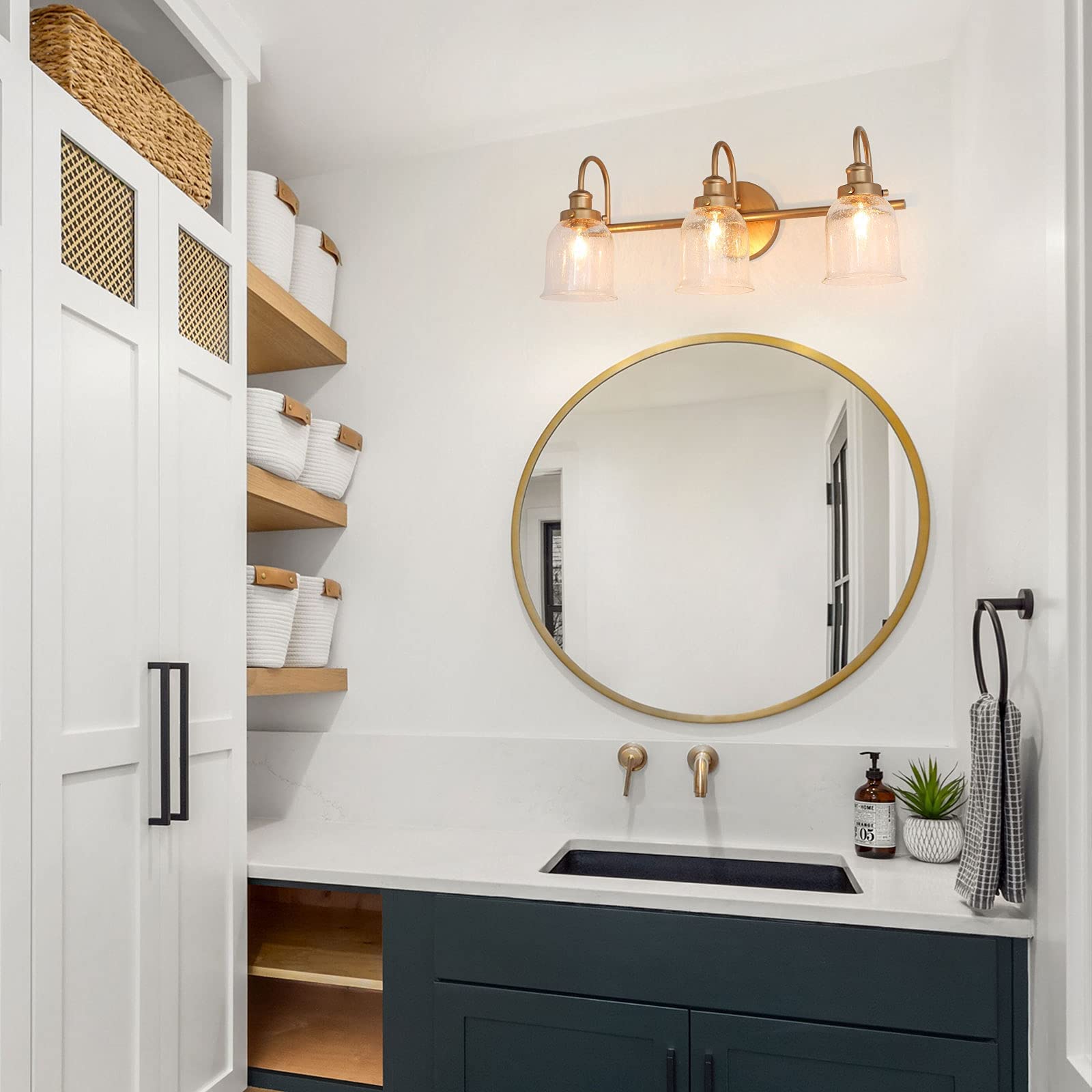 Gold Bathroom Light Fixtures, 3-Light Bathroom Vanity Light with Seeded Glass Shade, Modern Gold Bathroom Lights Over Mirror, 22’’ L x 8’’ W x 9’’ H