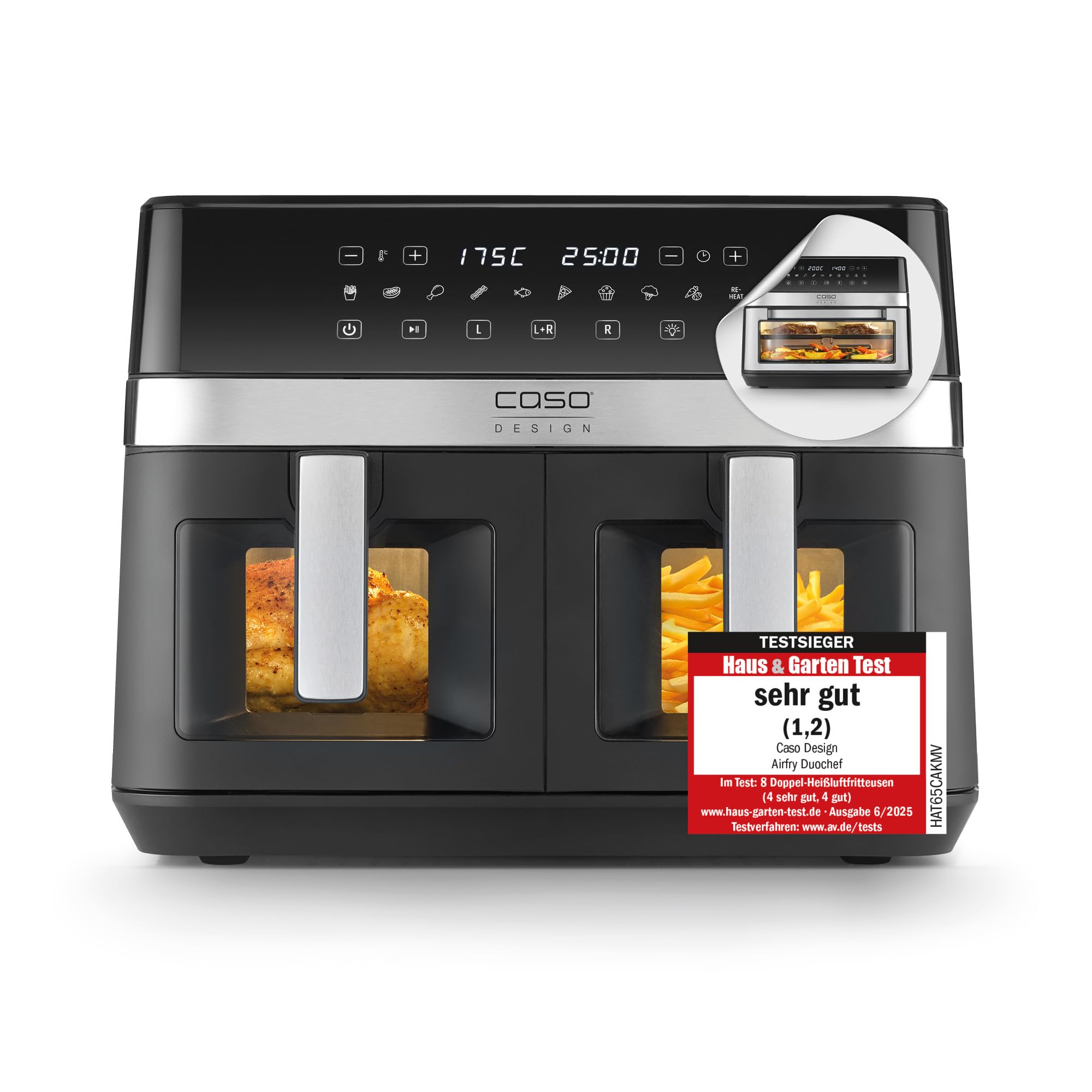CASO AirFry DuoChef -Heißluftfritteuse mit 2 Kammern, 14L Volumen, nahezu fettfrei, 10 Programme, 50-200°C, Timer, LED-Anzeige, Sichtfenster, SHAKE-Reminder, spülmaschinengeeignet
