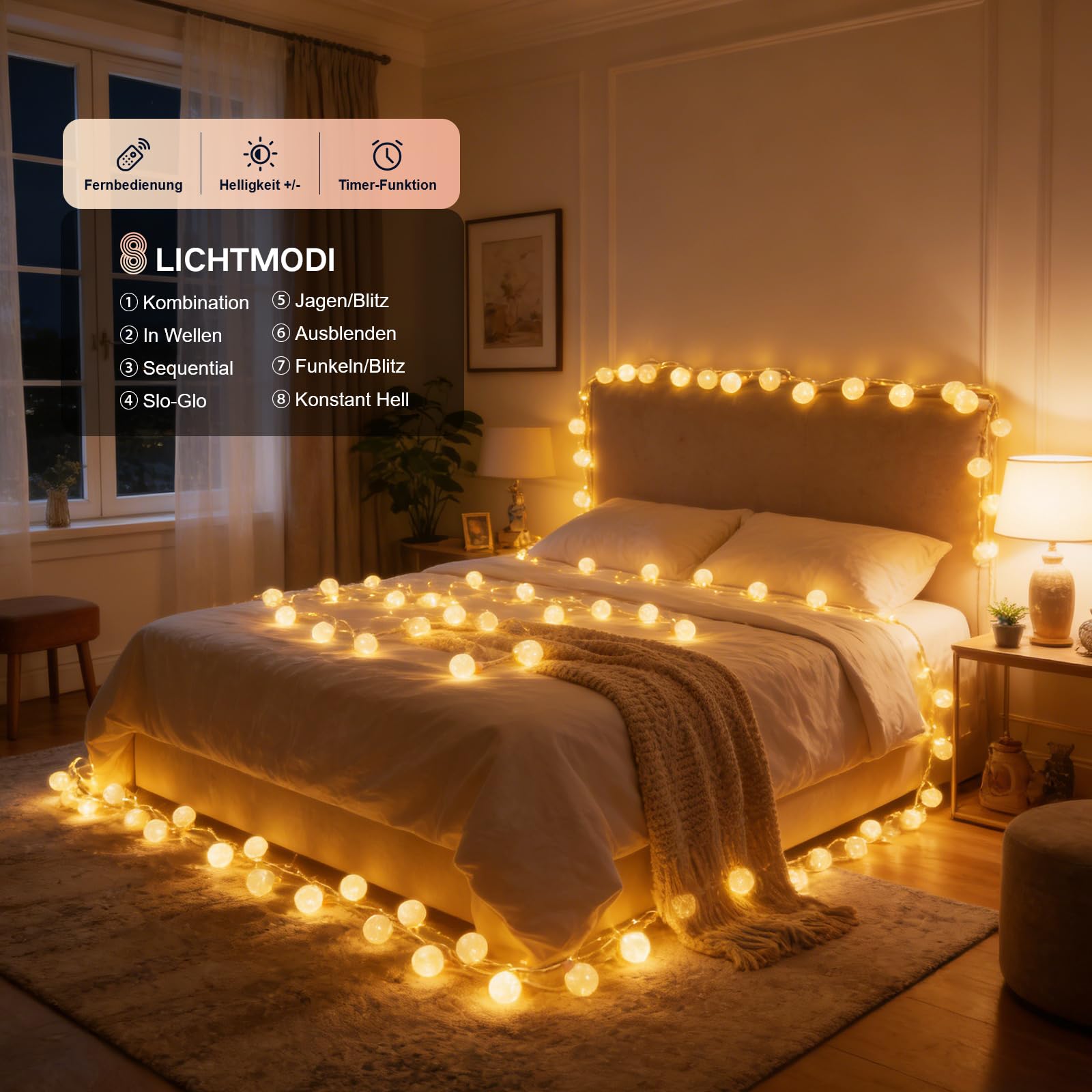 Guirlande lumineuse d'extérieur/d'intérieur avec prise, 8 m, 16 ampoules, 8 modes, intensité réglable, guirlande lumineuse à ampoules LED sphériques avec télécommande et minuterie, guirlande lumineuse