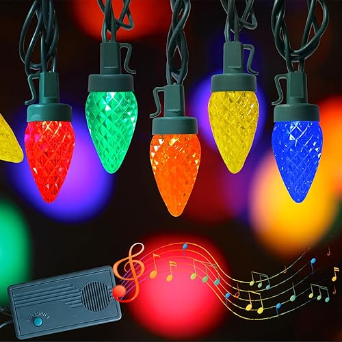 Luces de Navidad vintage con música, 36 pies, luces musicales de Navidad con movimiento C7, 50 luces LED de color fresa con 25 canciones clásicas de