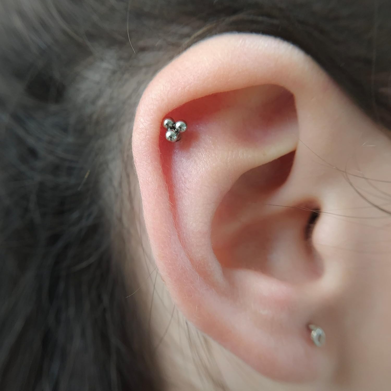 16g Triple Ball Ear Piercing- Flat Back Labret Earring- Silver Gold Rose Gold Cartilage Stud- Internally Threaded Pierced Ear Stud Earring