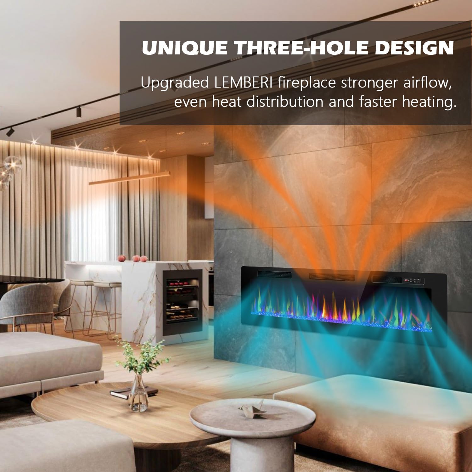 LEMBERI 72 inch Electric Fireplace Recessed and Wall Mounted,750/1500W Fireplace Heater and Linear Fireplace with Timer,Remote Control,Adjustable Flame Color and Speed