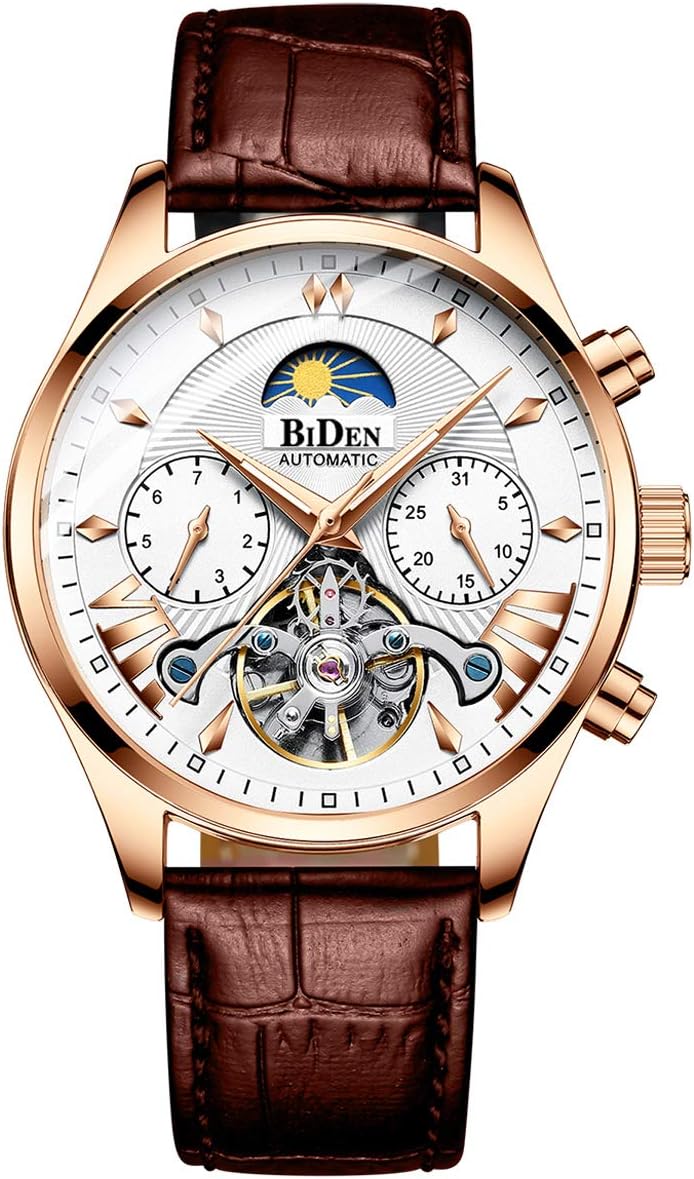 Luxury Men Watches Automatic Mechanical Watch Tourbillon Moon Phase Brown Leather Casual Business Wristwatch Relojes Hombre