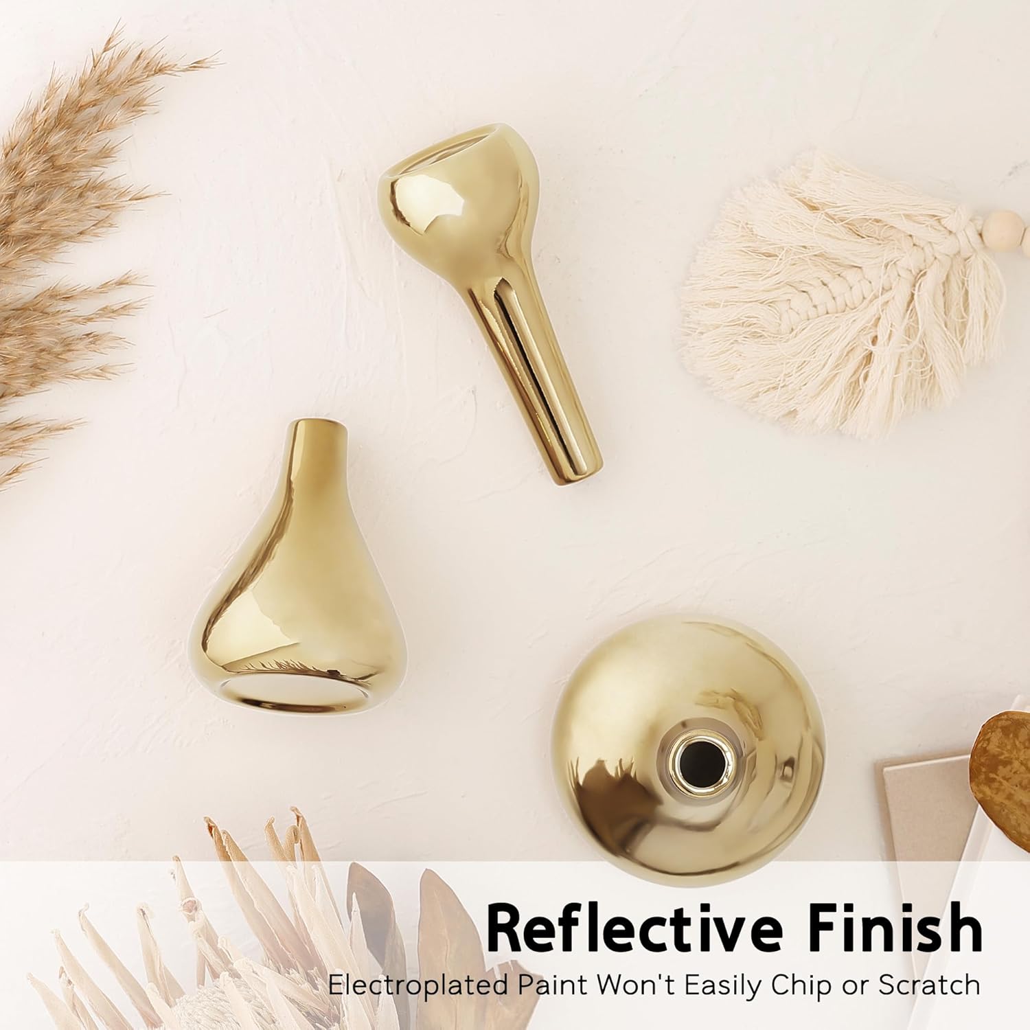 Port&Petal Brass Vases (Set of 3) - Small Bud Vases 3.5-5" Tall With Reflective Finish | Home Accent for Living Room, Table Decor, Wedding Centerpiece image 5 of 7 B0C57SWJJQ