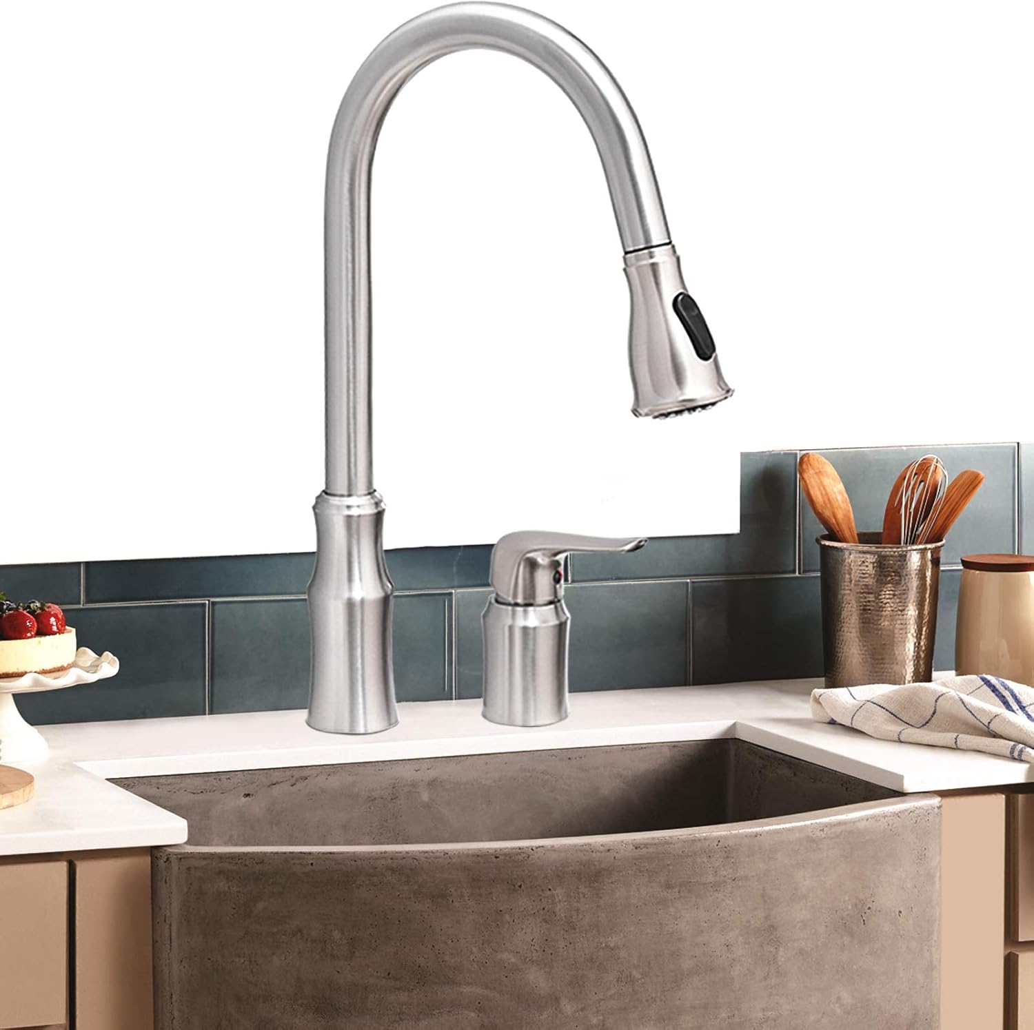 Up To 60% OFF Kitchen Sink Faucet with Pull Down Sprayer,FYRLLEU Commercial Single Handle Kitchen Faucets 2 Hole for Kitchen/Laundry/Bar(Big)/Farmhouse/Outdoor/Utility/Garage Sinks(Brushed Nickel)