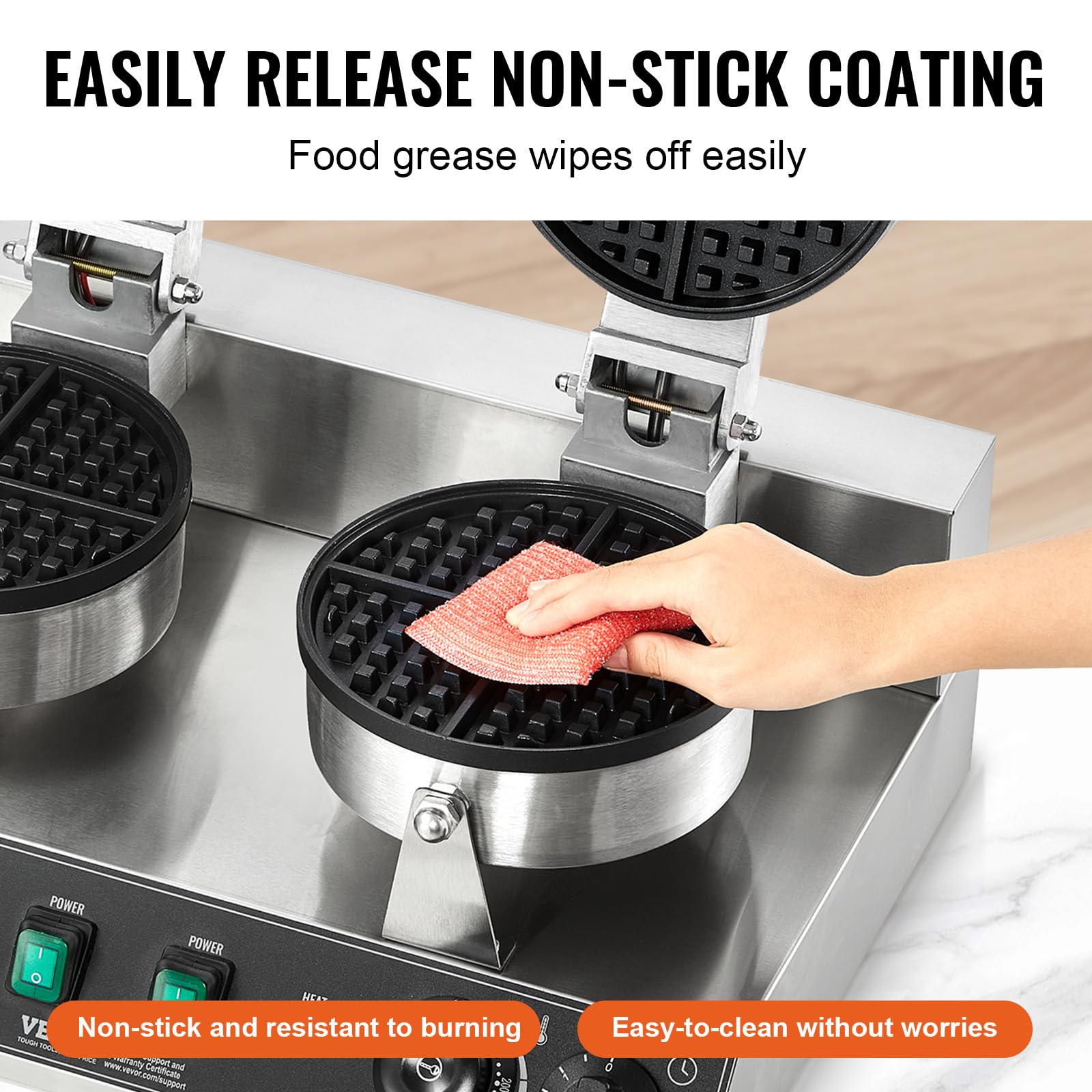 VEVOR Gaufrier Commercial 2460 W, Appareil à Gaufre Ronde à Double Tête, en Acier Inoxydable, Antiadhésif, avec Contrôle de la Température et du Temps, pour Restaurant Boulangerie Snack Bar Famille