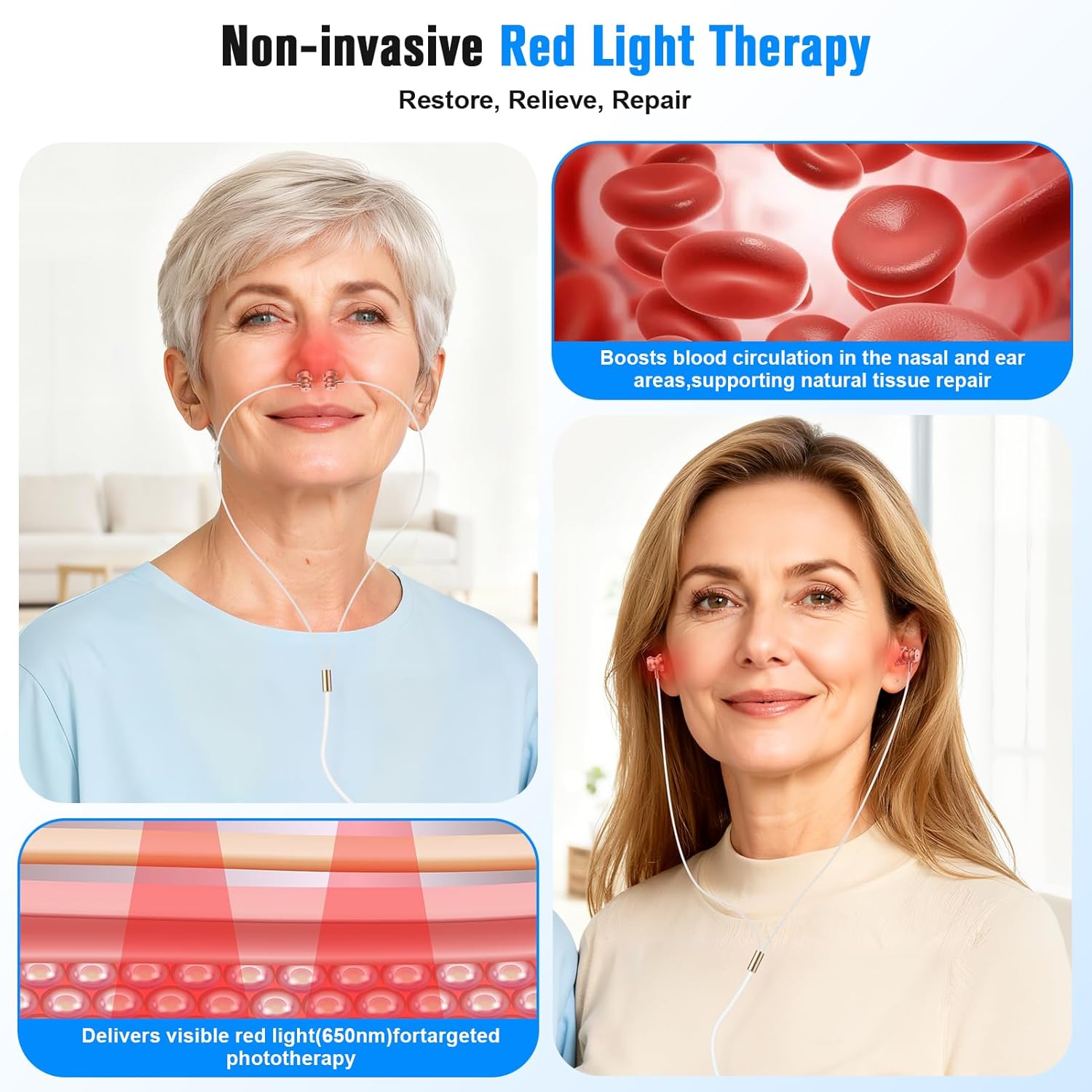 2-in-1 Red Light Therapy Device for Ears & Nose,650nm LED for Ear Comfort,Sinus Support& Daily Relaxation with USB & Type-C,Includes Soft Silicone Tips and Travel Case