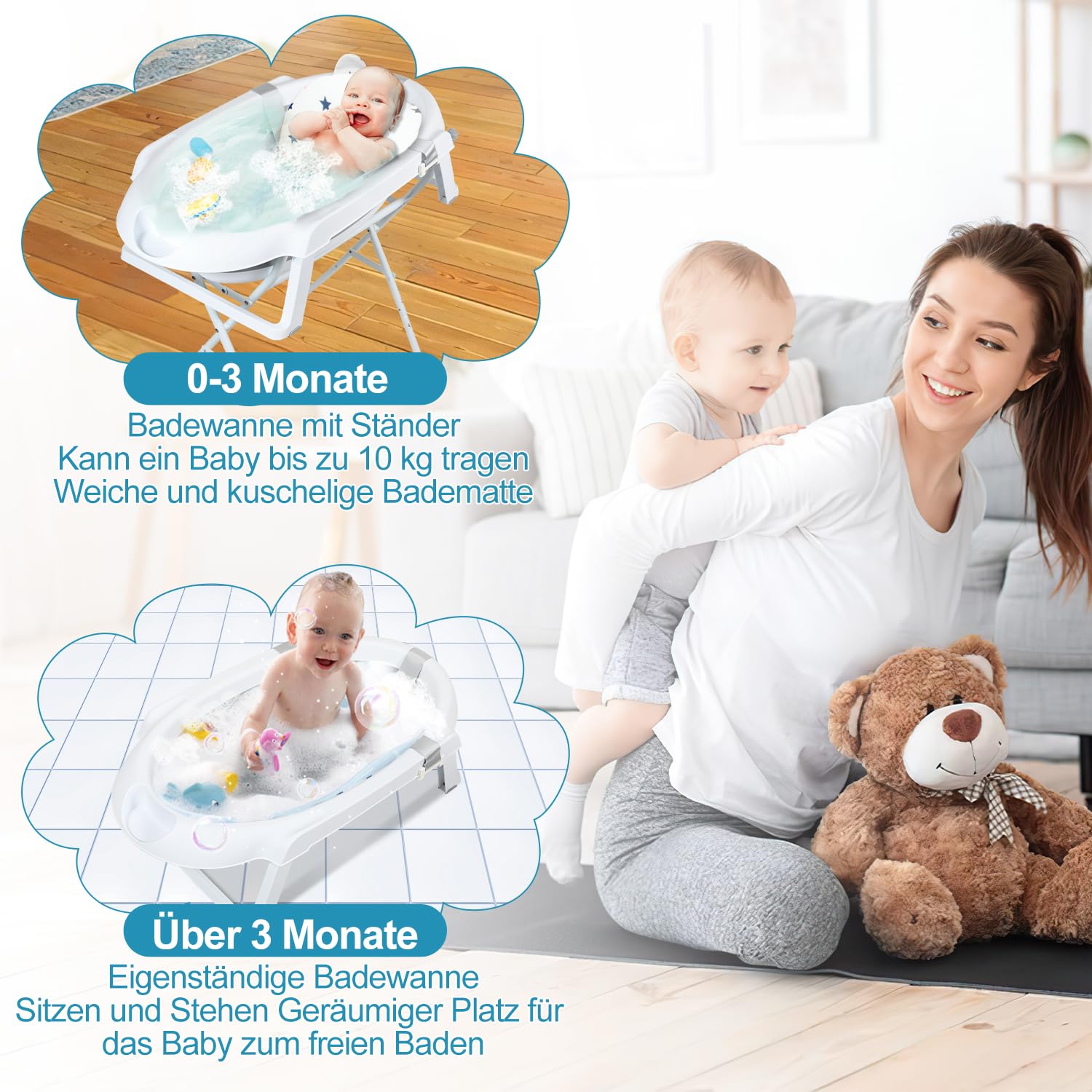 Ansobea Vasca da bagno pieghevole con supporto antiscivolo, tappetino da bagno e vasca da bagno per neonati e bambini, colore: grigio