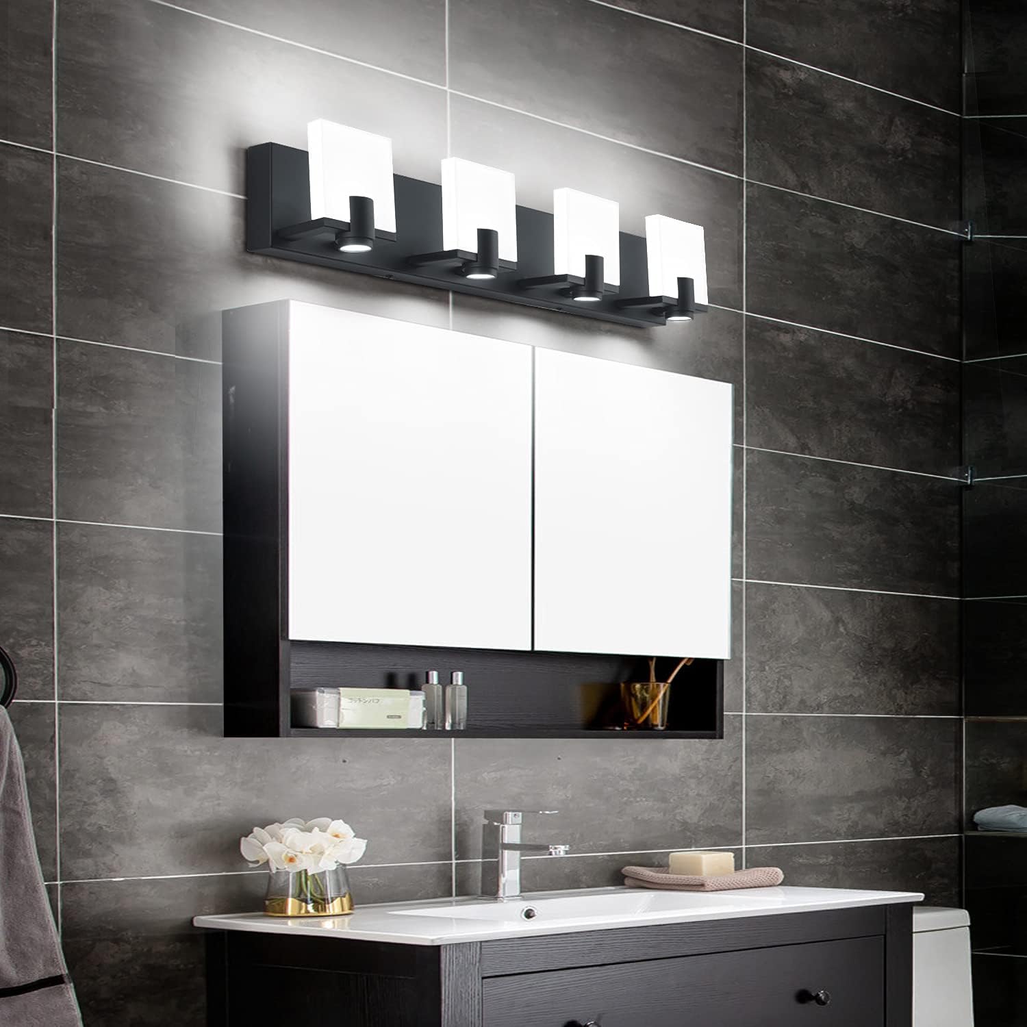 SOLFART Dimmable Led Vanity Lights for Bathroom Modern Light Fixtures with Spotlights 4 Lights Matt Black Finishing Metal Base White Acrylic