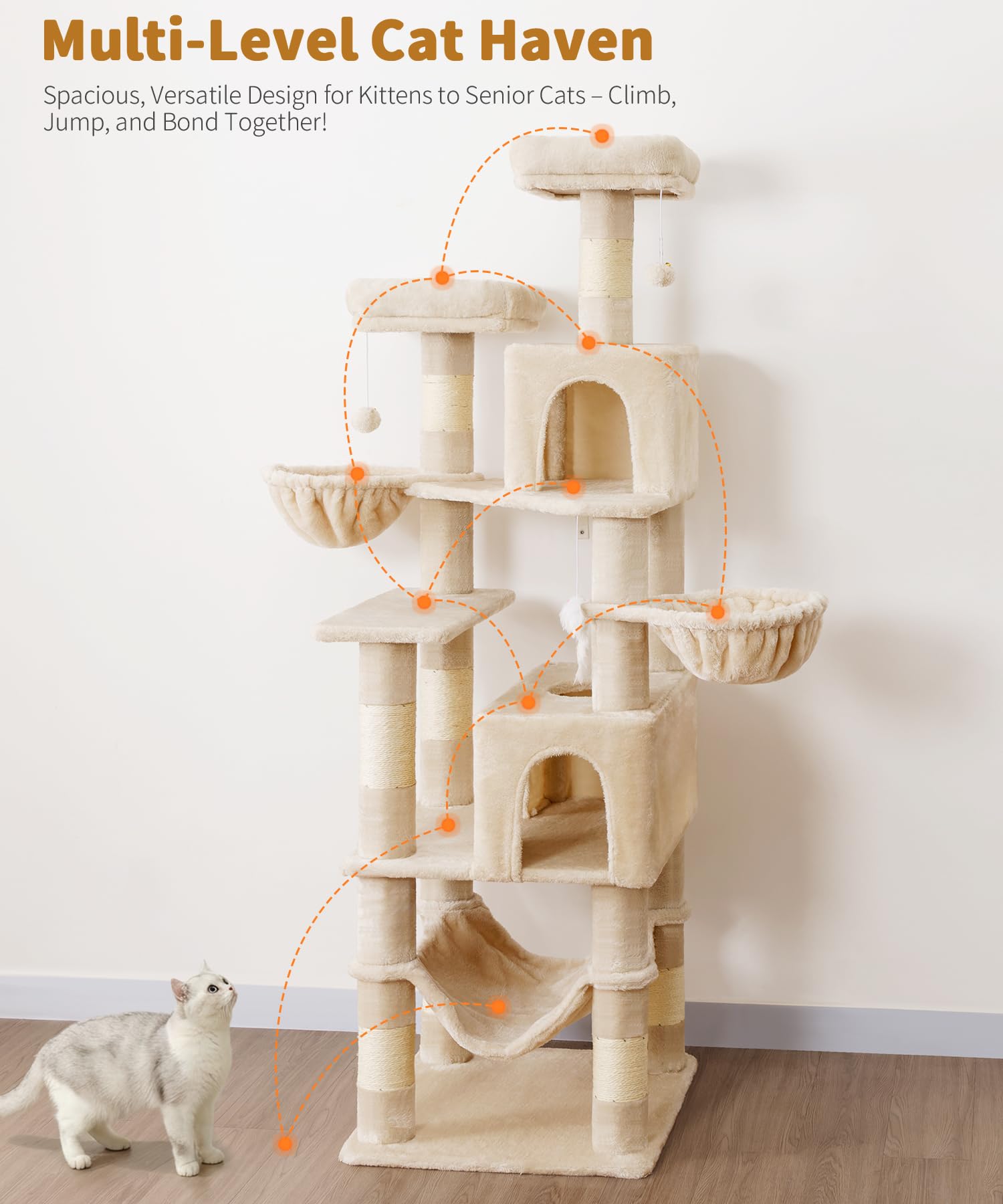 AMHANCIBLE Tall Cat Tree, 70 Inch Cat Tower for Indoor Cats, Multi-Level Cat Tree with Scratching Post, Hammock, Hanging Basket, Large Cat Condos for Adult Cats Kittens, Beige, PT18BG - image 7