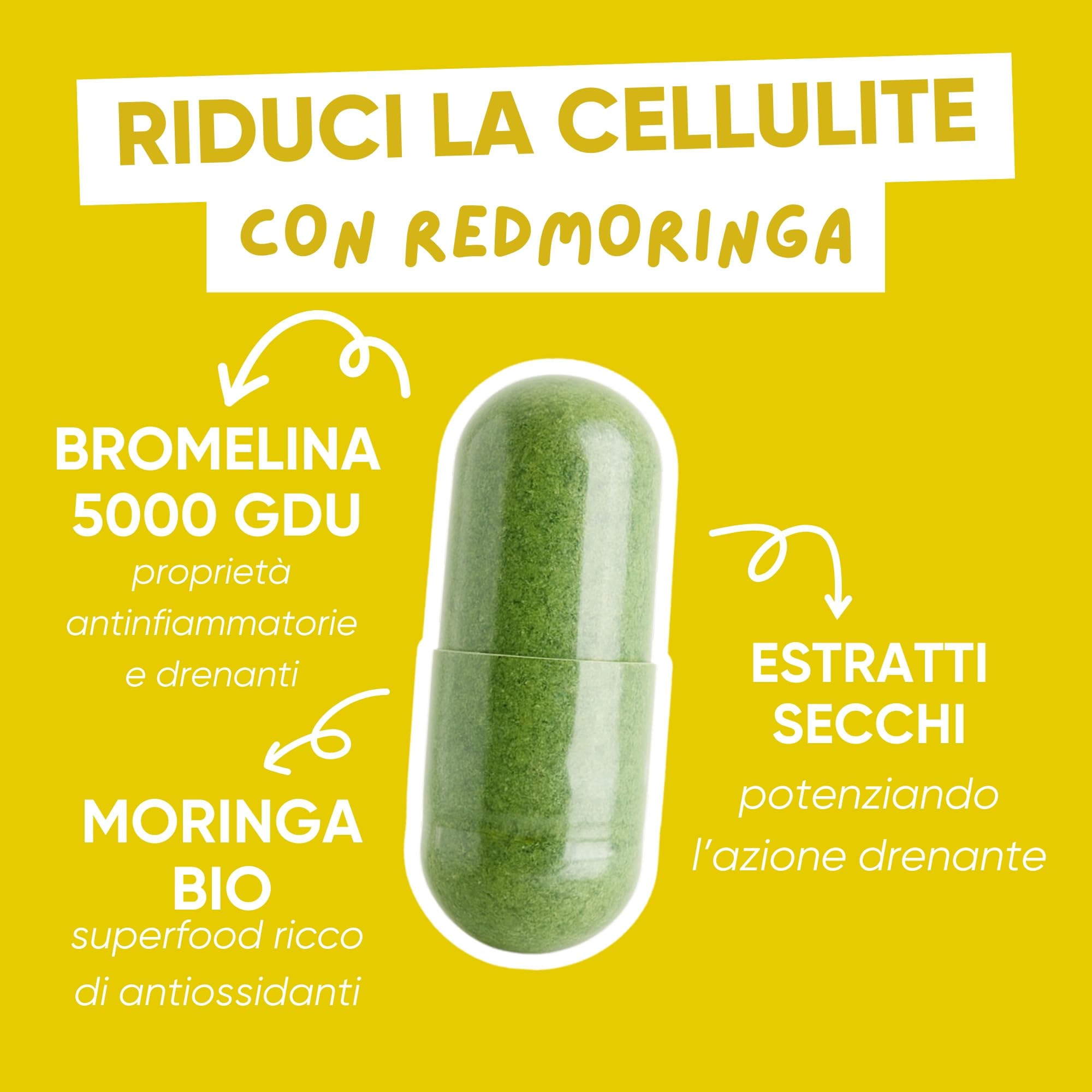Bromelina Forte Drenante 5000 GDU - NUOVA FORMULA 100% Naturale Drenante Anticellulite | Bromelina Integratore Cellulite con Moringa Bio e Ananas | 60 Capsule Vegane Made in Italy | RedMoringa