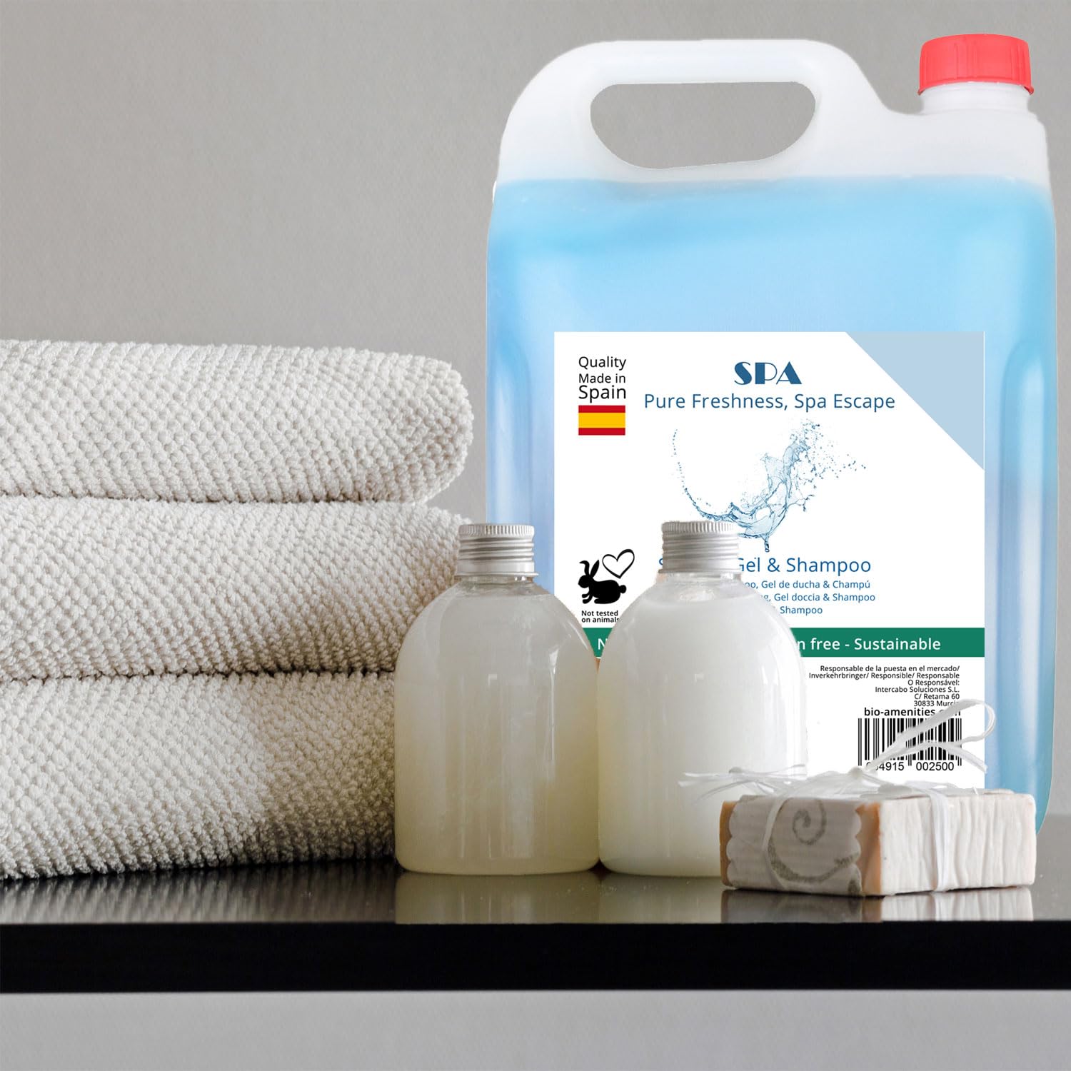 Duschgel & Shampoo Spa 2in1 – 4 x 5 Liter Nachfüllkanister mit frischem Duft – Flüssigseife für Spender, vegan und pH-hautneutral – Duschgel für Hotels, Shampoo für Gewerbe, Körperpflege