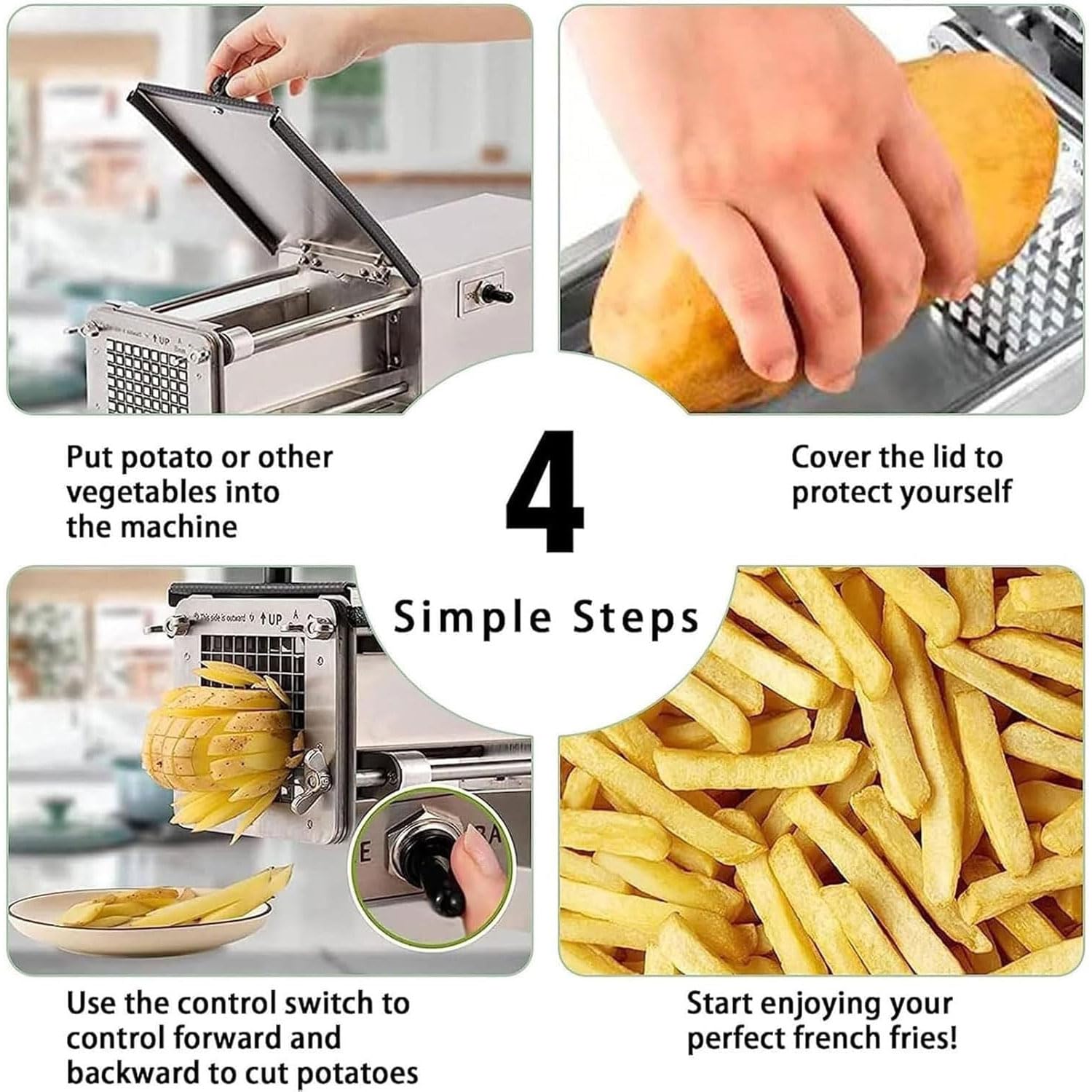 Cortadora de Patatas eléctrica Profesional de 200 W, cortadora automática de Acero Inoxidable con Cuchillas de 8 mm, 10 mm y 12 mm, para Verduras y Frutas.
