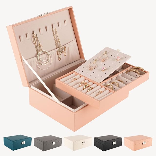 Jewellery Box Organiser for Women Girls, 2 Layers, Removal Tray, PU Leather Large Jewelry Storage with Necklace Hangers Removable Compartment for Necklace Earrings Rings Bracelets
