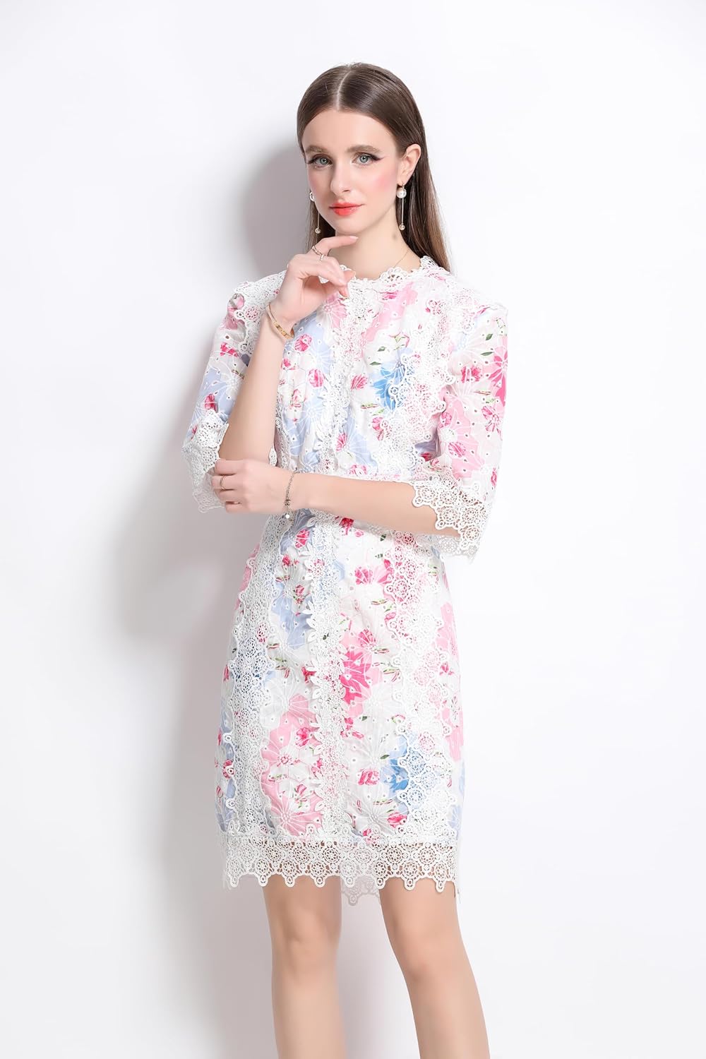 LAI MENG FIVE CATS Women's Vintage 1/2 Sleeves Lace Embroidered Round Neck Bodycon Mini Dress