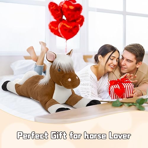 Miniatura 8 de Tezituor Animales de peluche de caballo gigante de 43.3 pulgadas con pelo largo, juguetes de caballo de peluche realistas para montar, almohada de