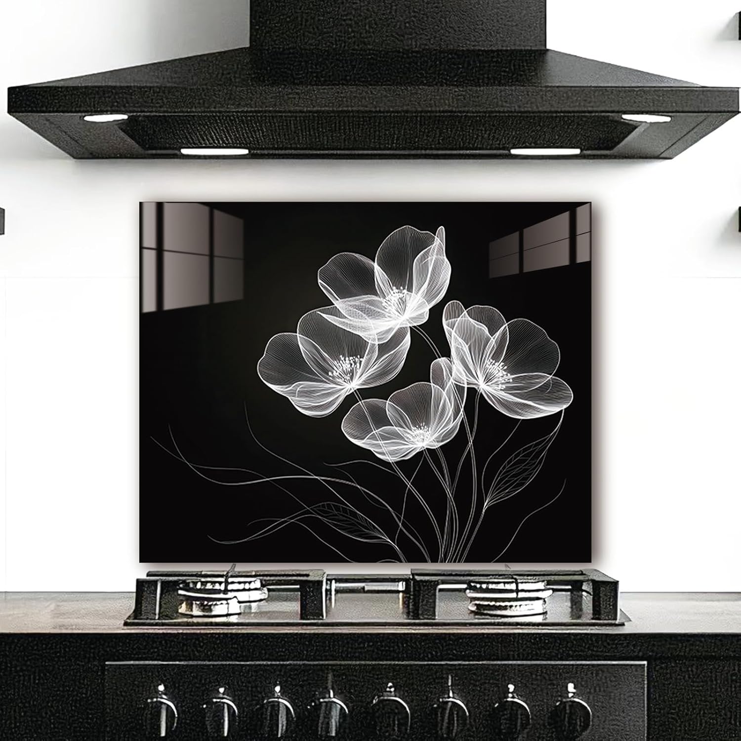 LMSDYSHU Black background flowers——Tempered Glass Backsplash for Kitchen?Frameless, Stove Backsplash Protector for Wall,Easy to Clean, Home Decor (30"x24") 30"L x 24"W