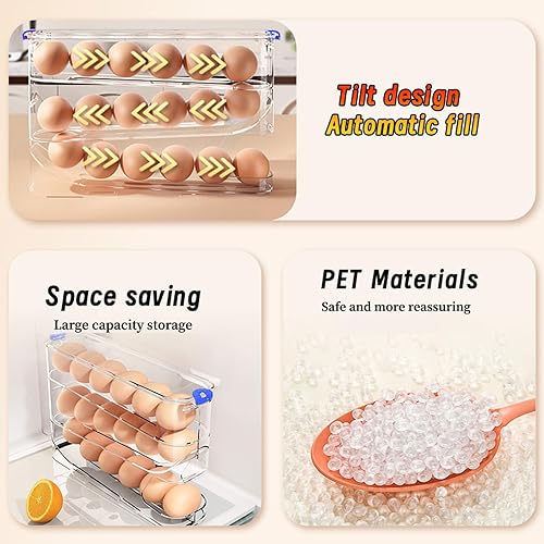 Vista 3 de Recipiente para huevos para refrigerador transparente apilable para almacenamiento y organización de cocina (marrón oscuro, 3 niveles)