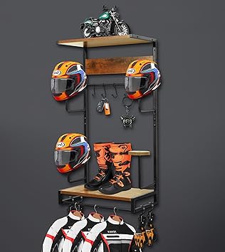 NANXITU Motorcycle Helmet Rack Wall Mount, Retro Rust Helmet Holder with Wood Floating Shelf and Hooks for Storage