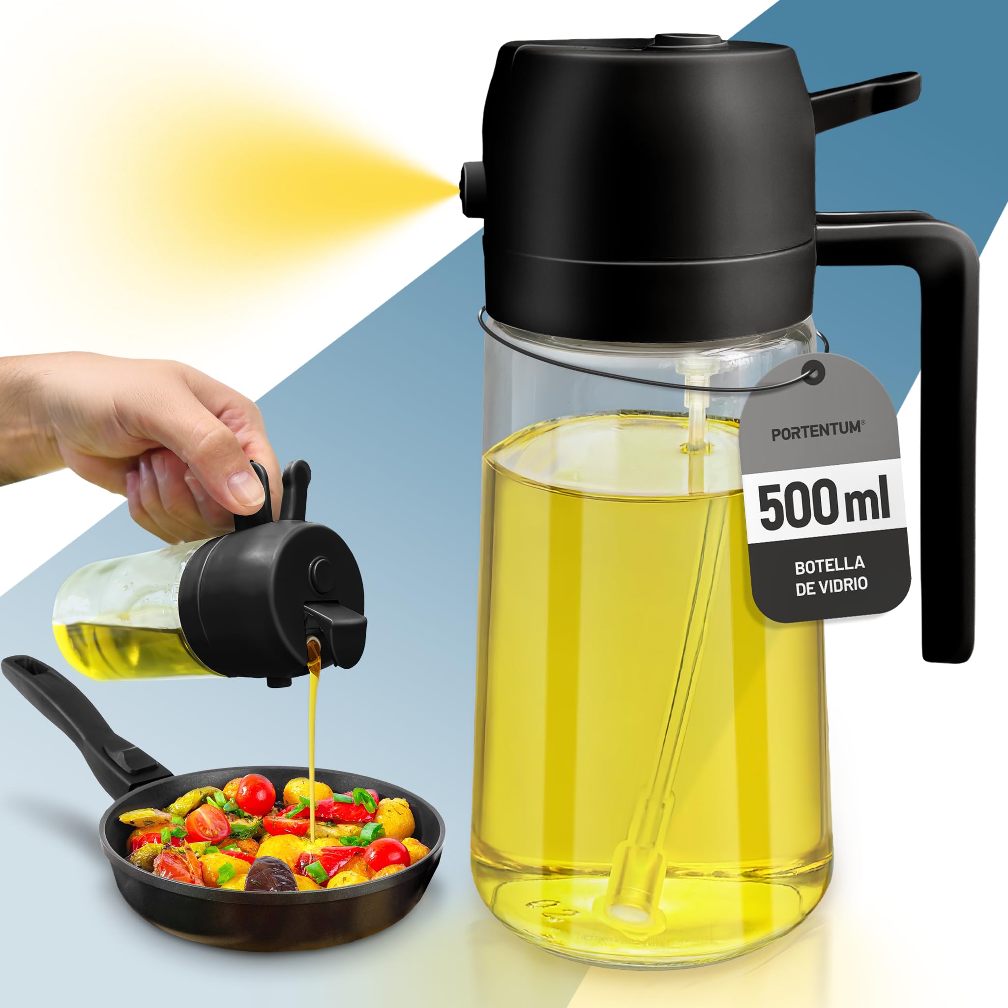 PORTENTUM Oil Spray 2 in 1 Oil Sprayer Oil Sprayer and Sprayer, 500ml / 17oz Glass Bottle for Air Fryer, BBQ (Black) ClimatePartner certified