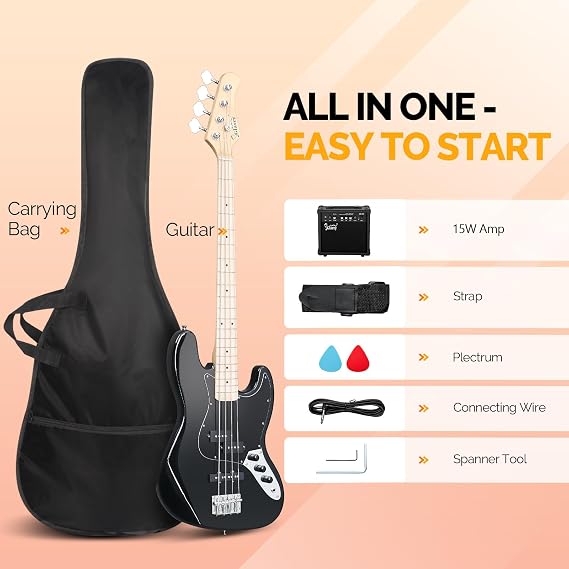 GLARRY Bass Guitar Full Size 4 String Exquisite Stylish Bass with Guitar Bag Power Line and Wrench Tool (Blue, With AMP)