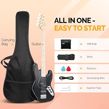 GLARRY Bass Guitar Full Size 4 String Exquisite Stylish Bass with Guitar Bag Power Line and Wrench Tool (Blue, With AMP)