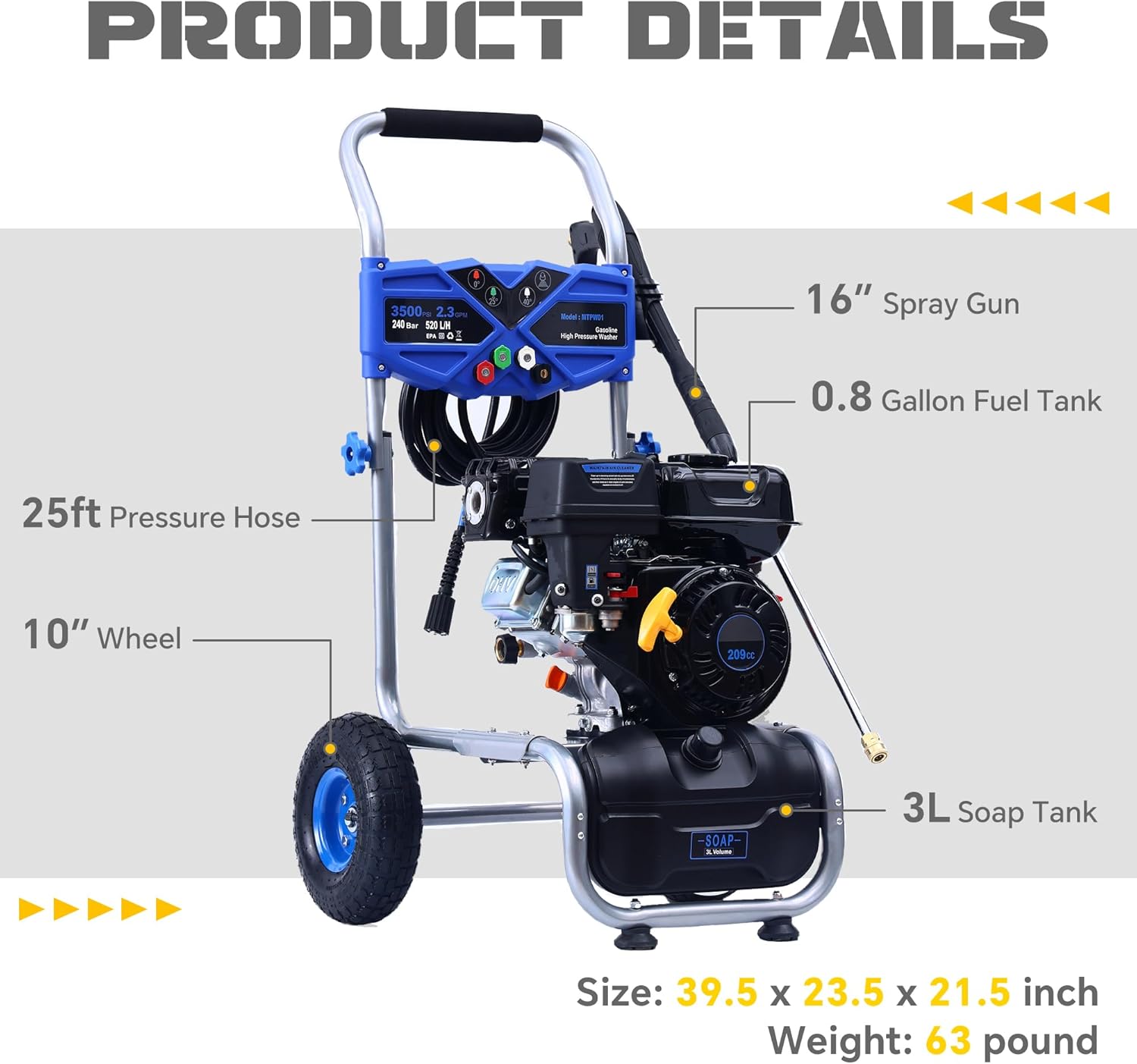 Portable Pressure Washer Gas Powered 3500 PSI 2.3 GPM, 209CC Engine Gas Pressure Washer with 25FT Hose & 4 Quick-Connect Multi-Angle Nozzle, High Pressure Washer for Outdoor Cleaning（Blue）