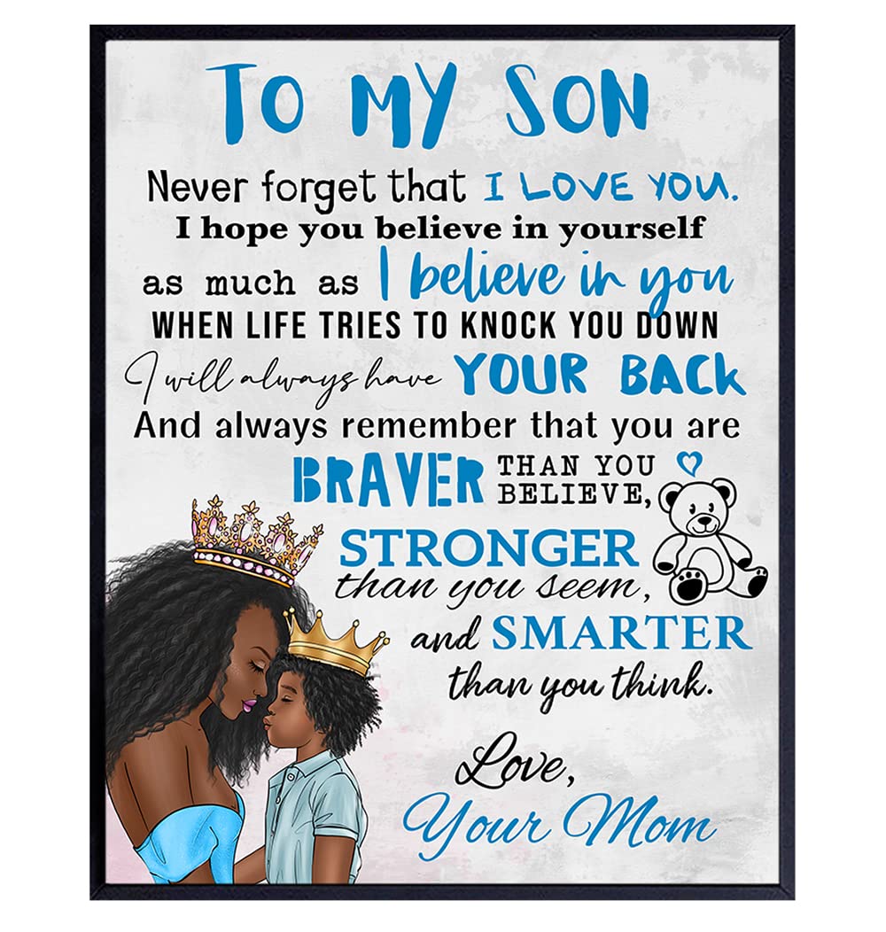 Boys Bedroom Decor - Black Art - African American Art - To My Son Gifts from Mom - Little Boys Room Decor - Wall Art for Boys - Blue Baby Boy Nursery Decor - Kids Room Decor - Family Decor