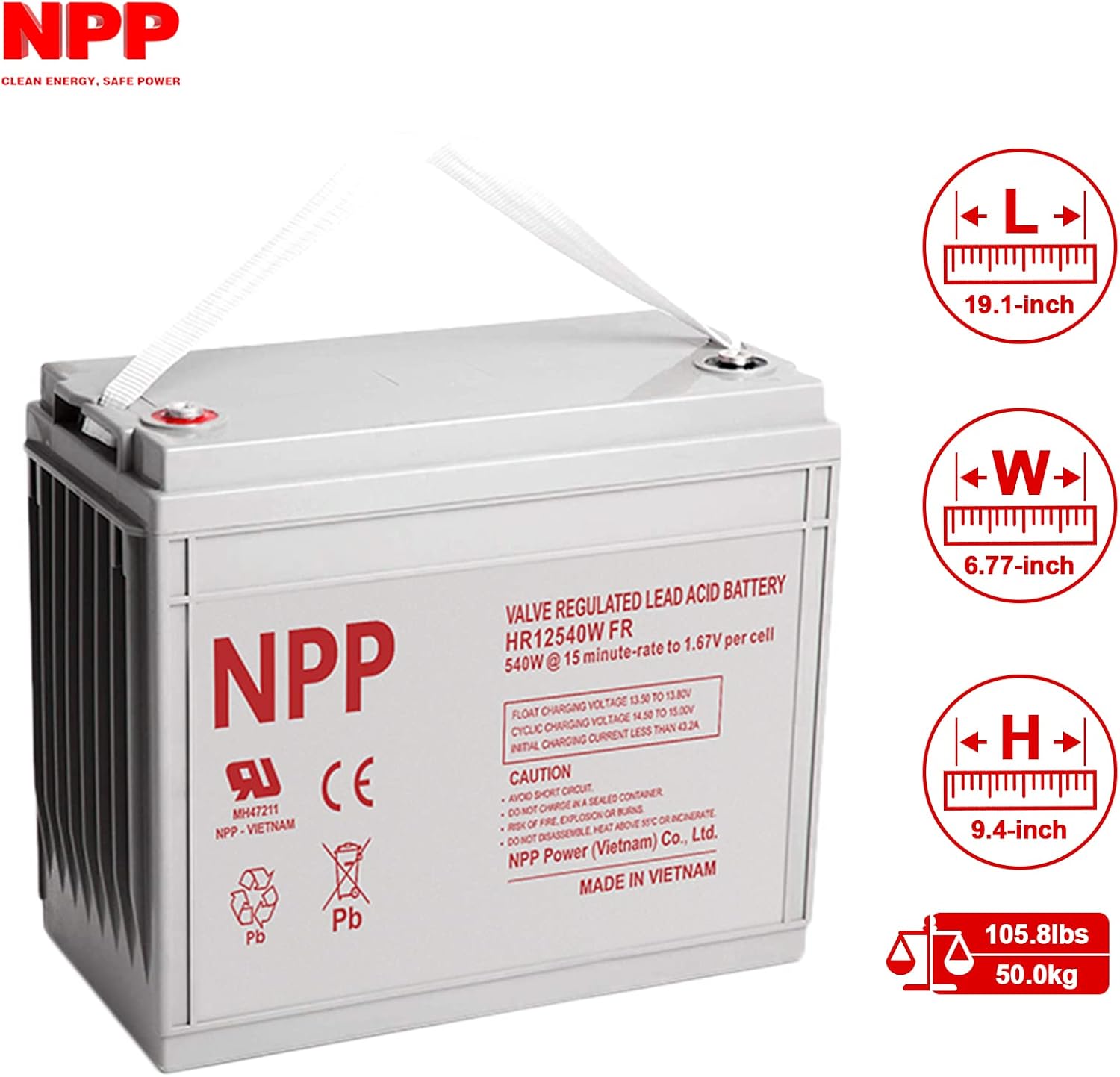 NPP High Rate Battery HR12540W FR 12V 540Watts, 540watts/Cell(15min.Rate) High Rate Lead Acid Battery for UPS, Communication System
