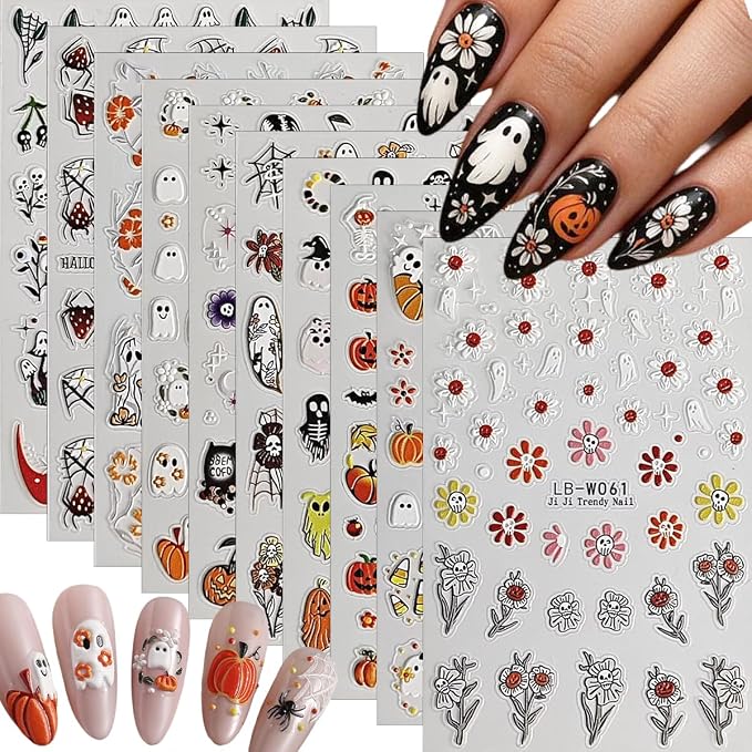 10 Sheets Halloween Nail Stickers - 5D Embossed Self Adhesive Nail Decals