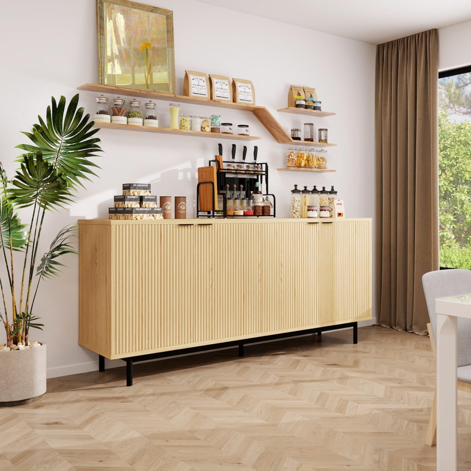 MUUEGM Buffet Cabinet with Storage, 58" Fluted Sideboard Kitchen Storage Cabinets with Shelves and 4 Doors, Modern Wood buffets & Sideboards for Dinging Room, Living Room, Natural Storage Cabinet