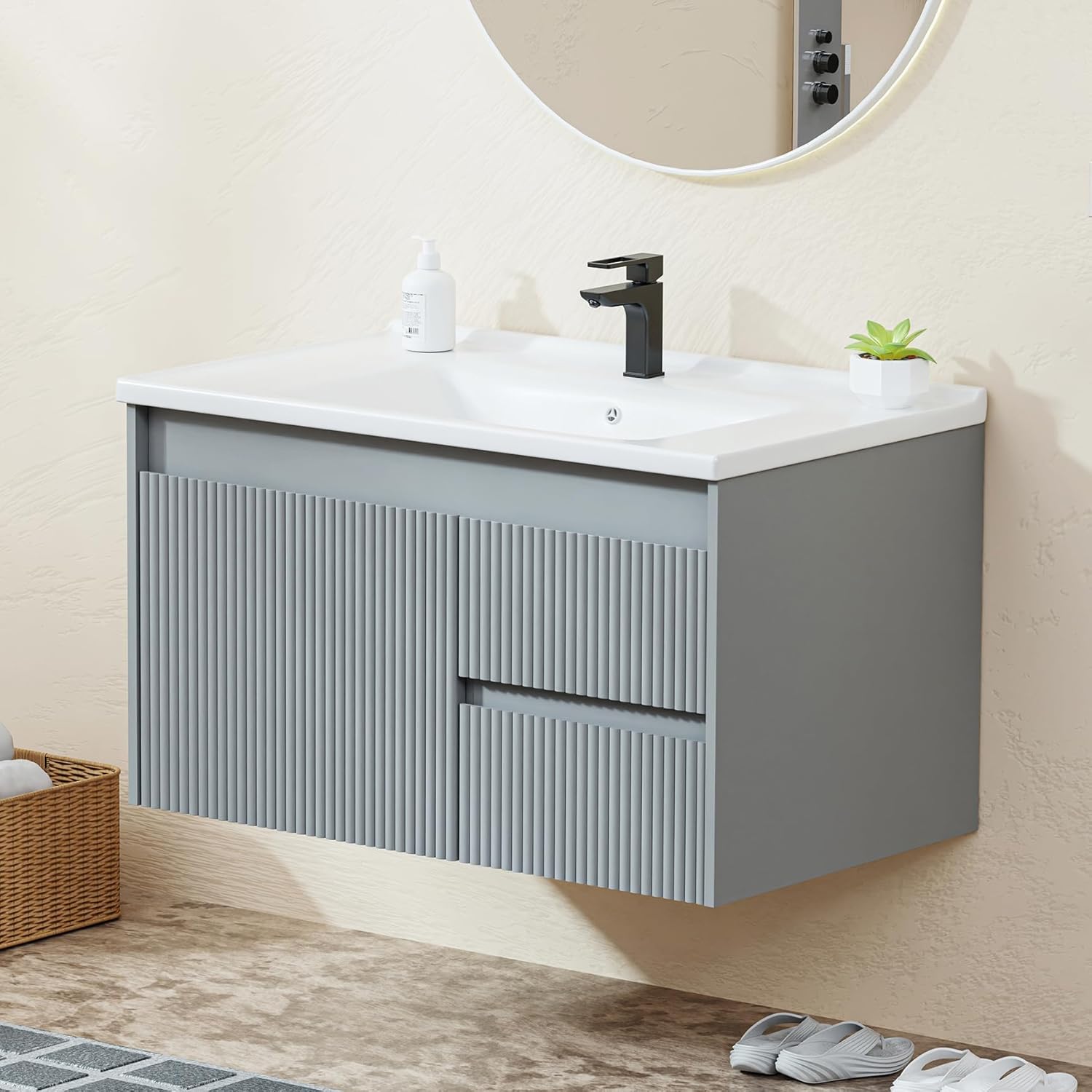 Floating Bathroom Vanity 32 Inch, Wall Mounted Bathroom Vanity with Ceramic Sink and 2 Drawers for Storage, Modern Wave-Carved Design Wooden Sink Cabinet, Grey
