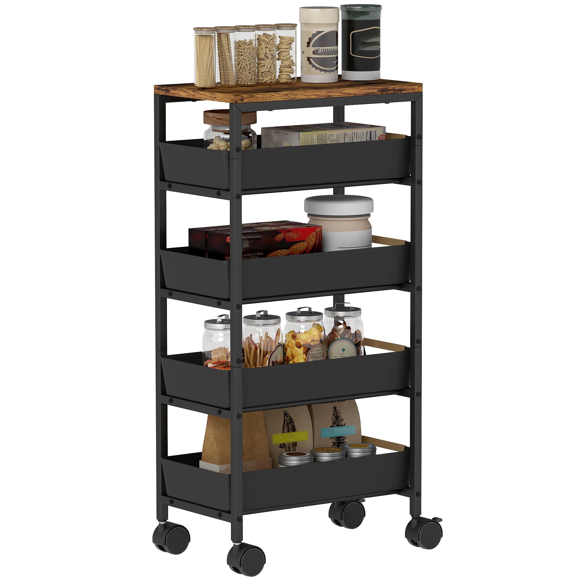 HOMCOM 5 Tier Kitchen Storage Trolley Cart Black Wood/Metal
