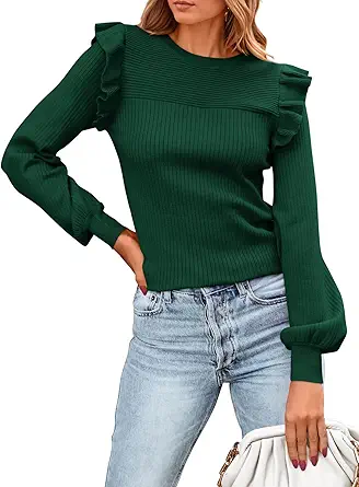 PRETTYGARDEN Women's Ruffle Long Sleeve Sweaters Crew Neck Lightweight Sweater 2025 Fall Trendy Ribbed Knit Pullover Tops