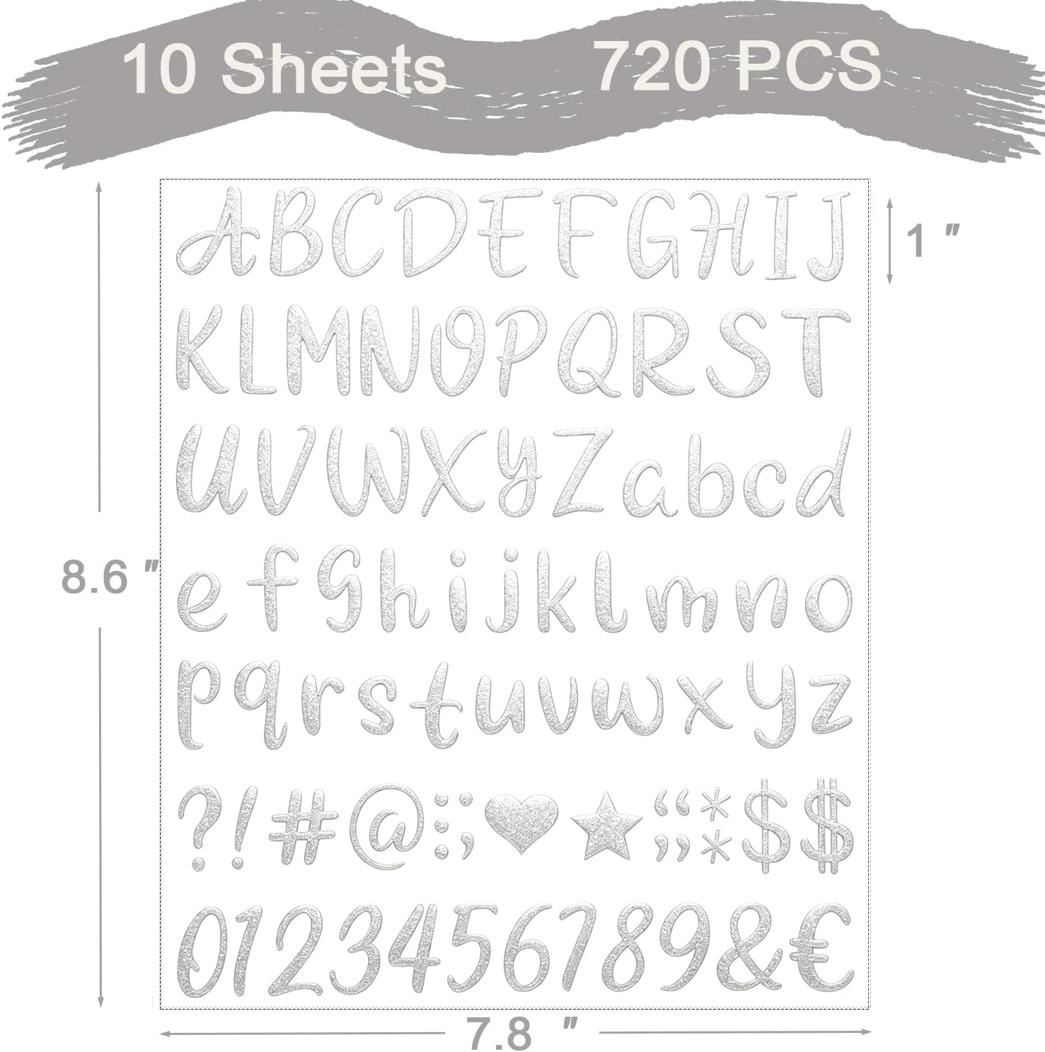 10 Sheets 830pcs Glitter Letter Stickers Alphabet Number Stickers (Silver)