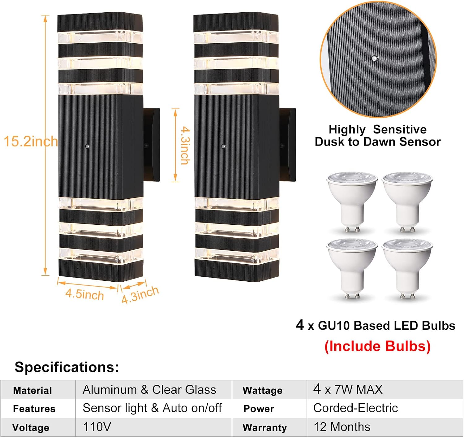 Dusk to Dawn Outdoor Wall Lights 2 Pack, 3000K Warm White Front Porch Light Fixture, Anti-Rust Black LED Up and Down Outdoor Lights for House
