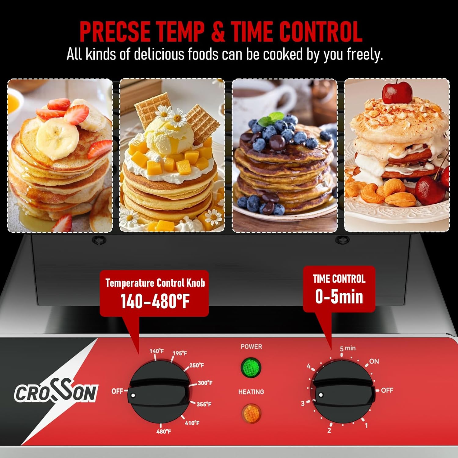 CROSSON Mini Pancake Maker, 25PCS 43mm Diameter Dutch Muffin Waffle Baker, Non-stick Stainless Steel Poffertjes Grill, Commercial Electric Dorayaki Machine W/Temp & Time Control 120V/850W