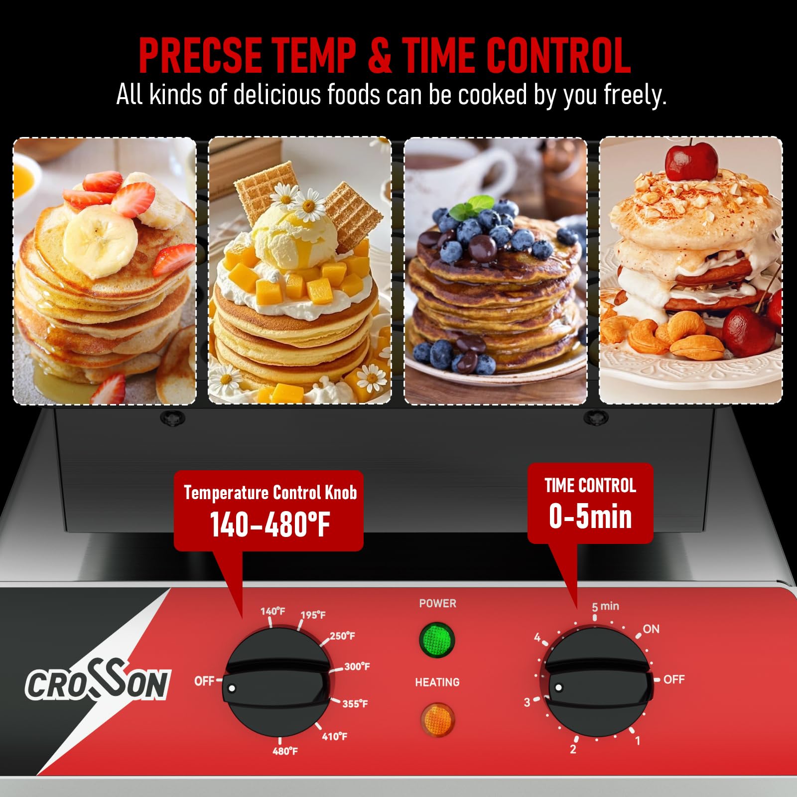 CROSSON Maquina para 25 Mini Pancakes 43 mm Diámetro,Mini Máquina para Hacer Panqueques Holandesa con Revestimiento Antiadherente,Temporizador y Temperatura para Tortitas,Dorayaki y Poffertjes