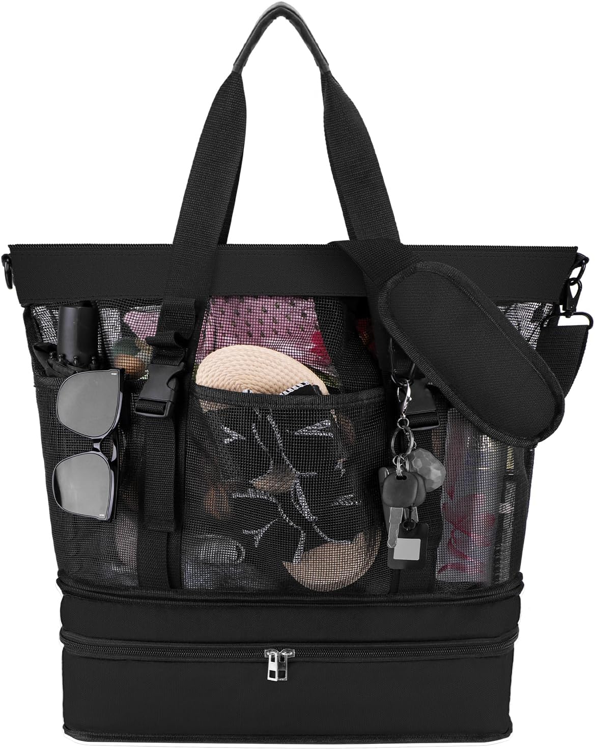 Yotako Beach Bag with Cooler,Mesh Beach Tote Bag with Zipper,2-in-1 Durable Tote with 10 Pockets Pool Swim Travel Essentials