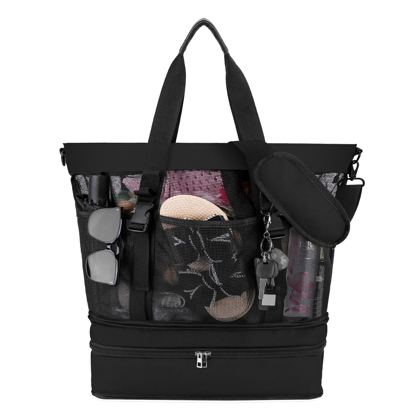 Yotako Beach Bag with Cooler,Mesh Beach Tote Bag with Zipper,2-in-1 Durable Tote with 10 Pockets Pool Swim Travel Essentials