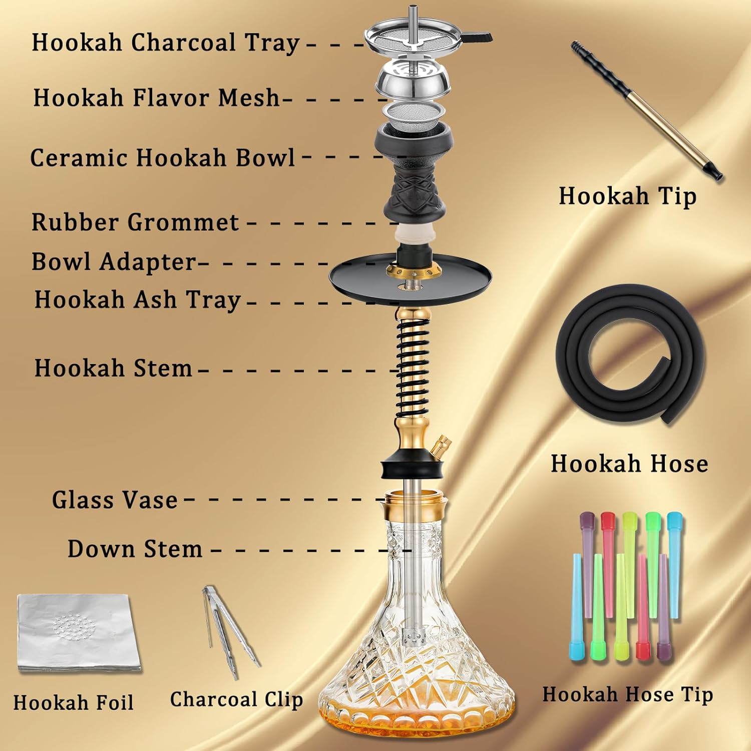 Hookah Set with Everything,20"Shisha Set with Glass Vase,Portable Glass Vase with Disposable Tips,Silicone hose,Ceramic Bowl.(Gold)