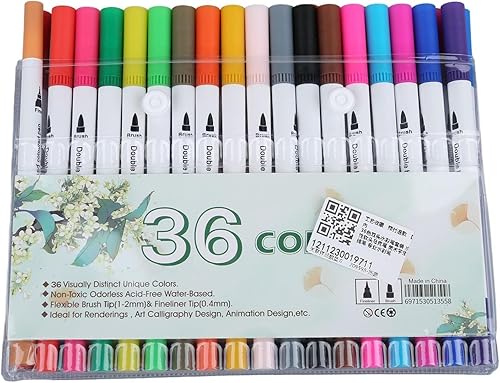 Marcadores de doble punta de 36 colores, rotulador de doble punta de color de doble punta con puntas de pincel de fibra flexible, marcadores