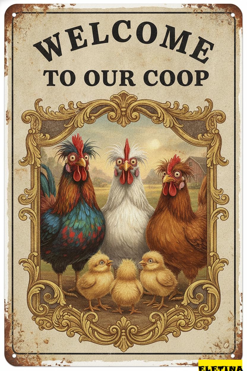 Welcome To Our Coop Chicken Tin Sign, 8x12 Inch Decor